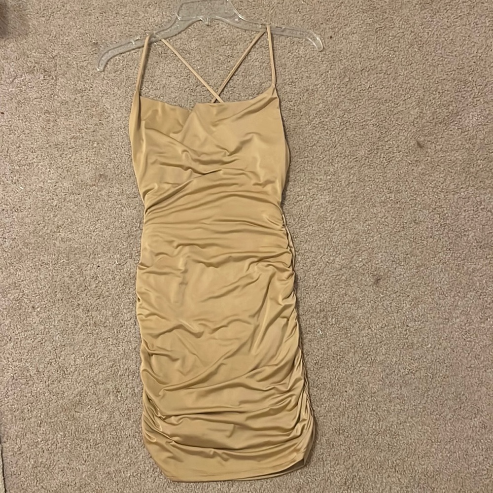 XS tan body con minidress